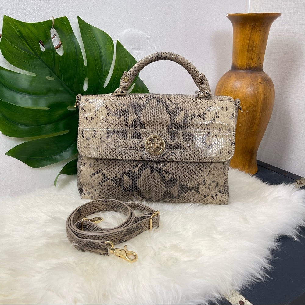 TORY BURCH Snake Print Top Handle Bag Leather 12 x 8.5 x 4